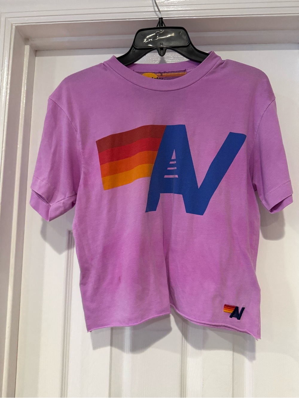 Aviator Nation Lavender Tee with Blue AV and Warm Rainbow Stripes
